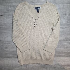 KAREN SCOTT  Lace Up quarter Sleeve Pullover Tan Knit Sweater 100% cotton large